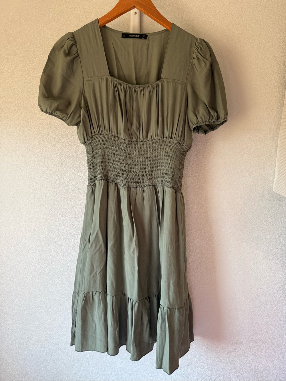 Hesperus Olive Green Smocked Midi Dress